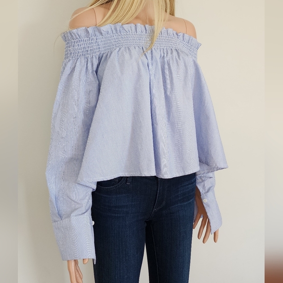 STORETS PINSTRIPE BLUE WHITE SMOCKING OFF THE SHOULDER FLOWY SHIRT TOP ONE SIZE - Picture 4 of 16